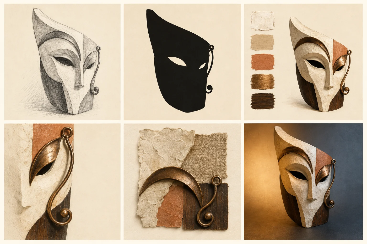 Six-panel digital design board containing the mask sketch, silhouette, palette, ornament, texture and lighting studies
