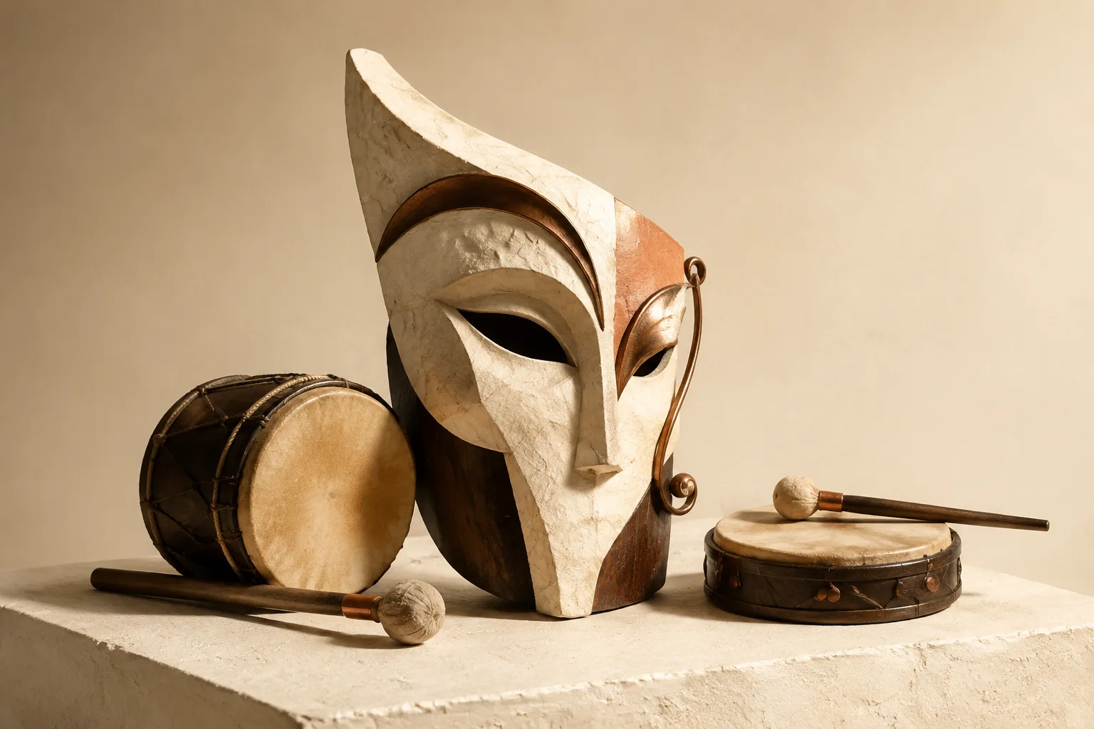 Contemporary sculptural stage-mask concept with an asymmetrical brow, bronze details and two percussion drums